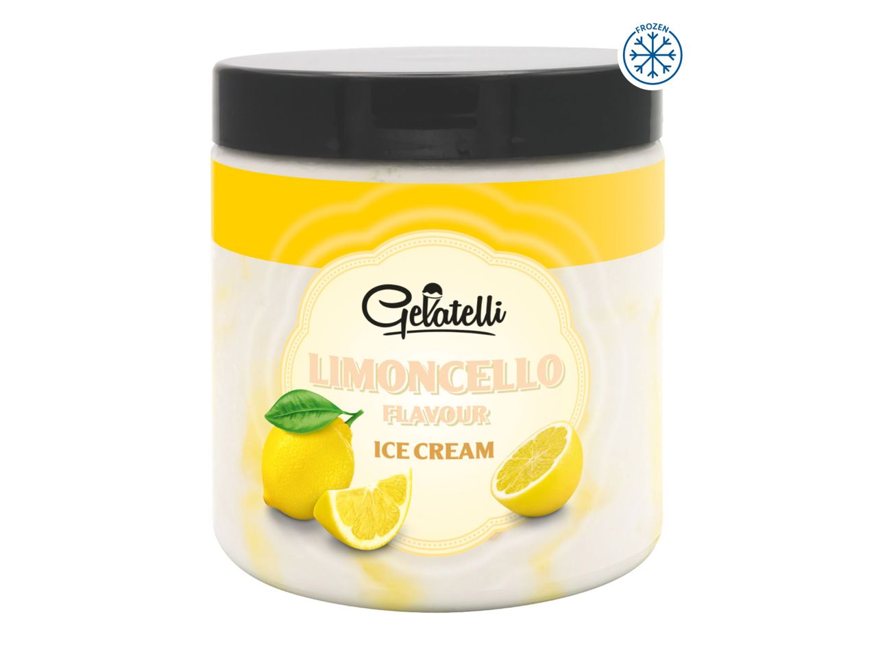 A tub of Gelatelli Limoncello flavour ice cream with lemons on the label.