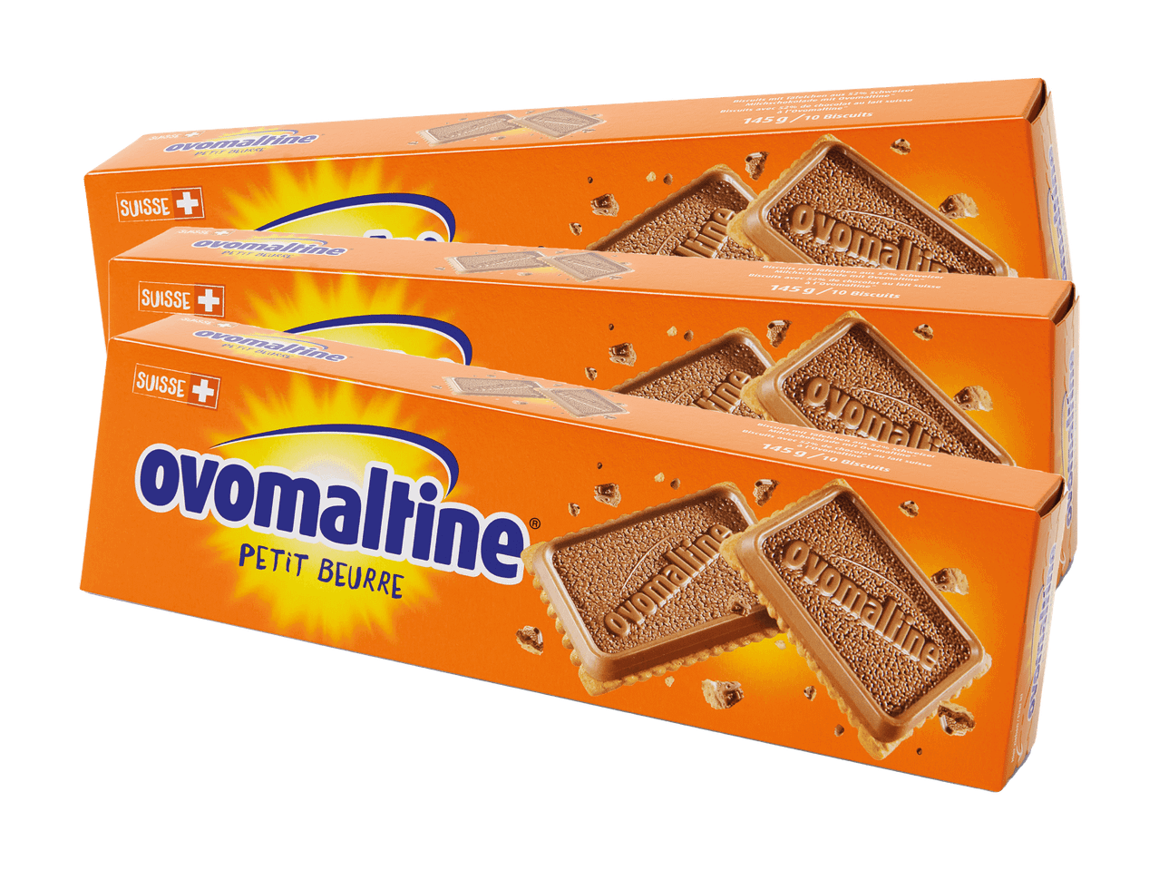 Trois paquets de biscuits au chocolat au lait, avec l'inscription 'Petit Beurre'.