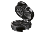A black heart-shaped waffle maker is open, showcasing its non-stick cooking plates.