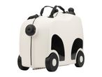 White and black children's ride-on suitcase with wheels and a handle, resembling a panda.