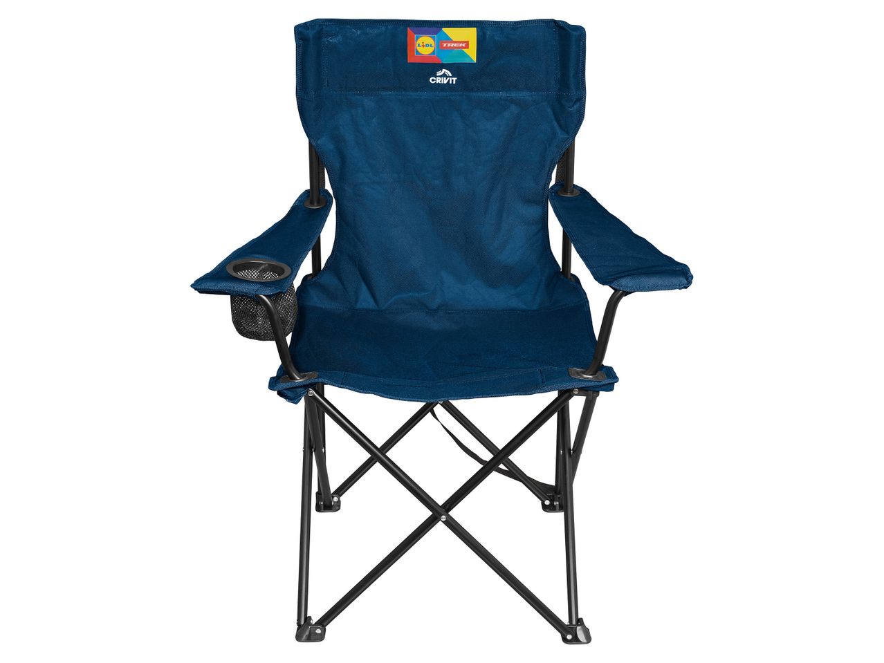 Chaise pliante bleue avec porte-gobelet.