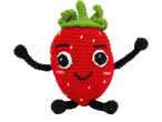 Personagem de morango de crochê com rosto, braços e pernas