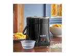 VonShef rice cooker with cooked rice, a measuring cup, and loose rice grains.