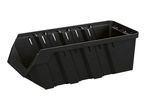 Black plastic storage bin with an open front, designed for organizing small items.