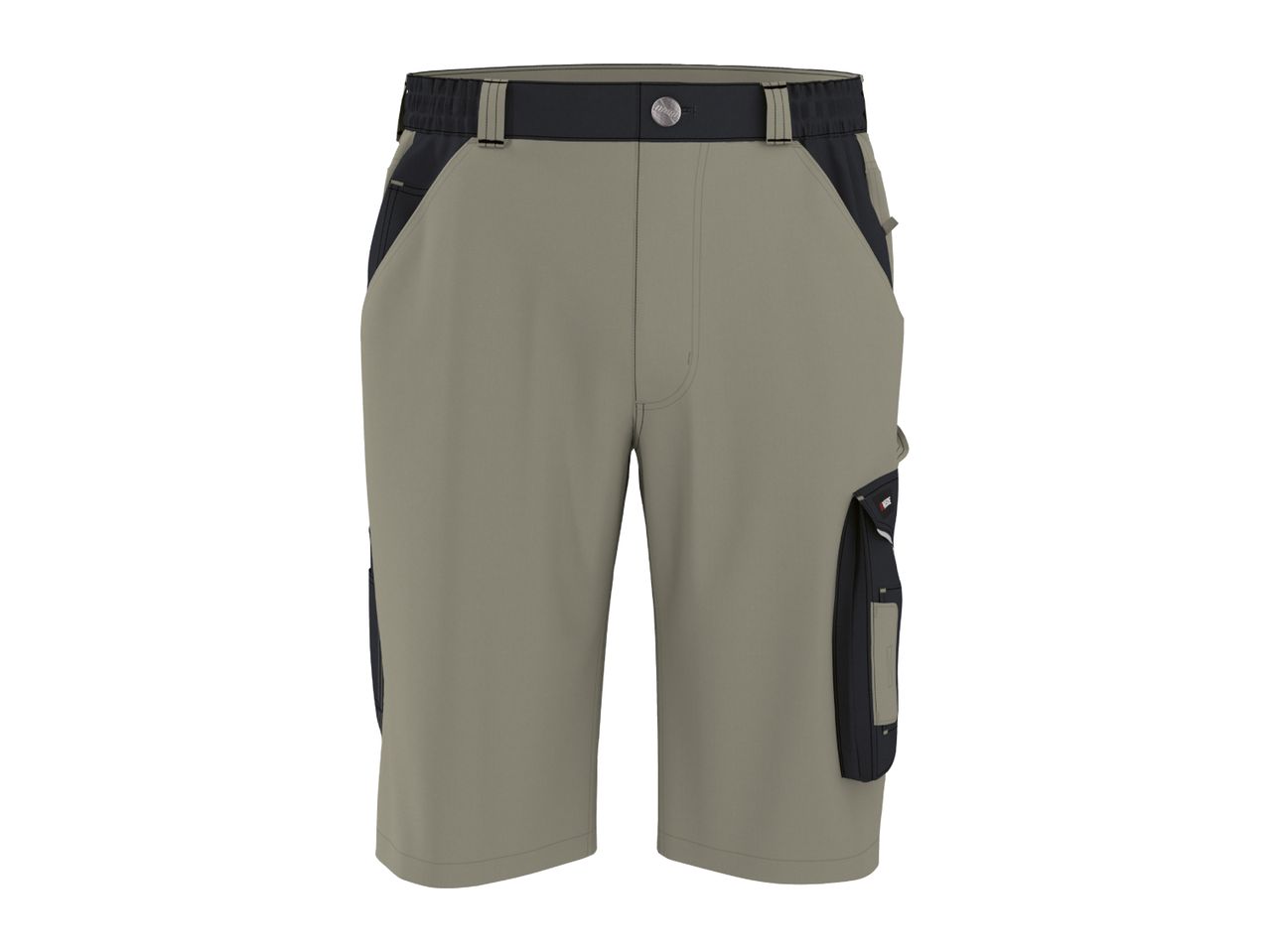 Men's two-tone work shorts in beige and black with cargo pockets