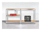 Two metal shelving units with a red toolbox, a white jug, and a crate of bottles.