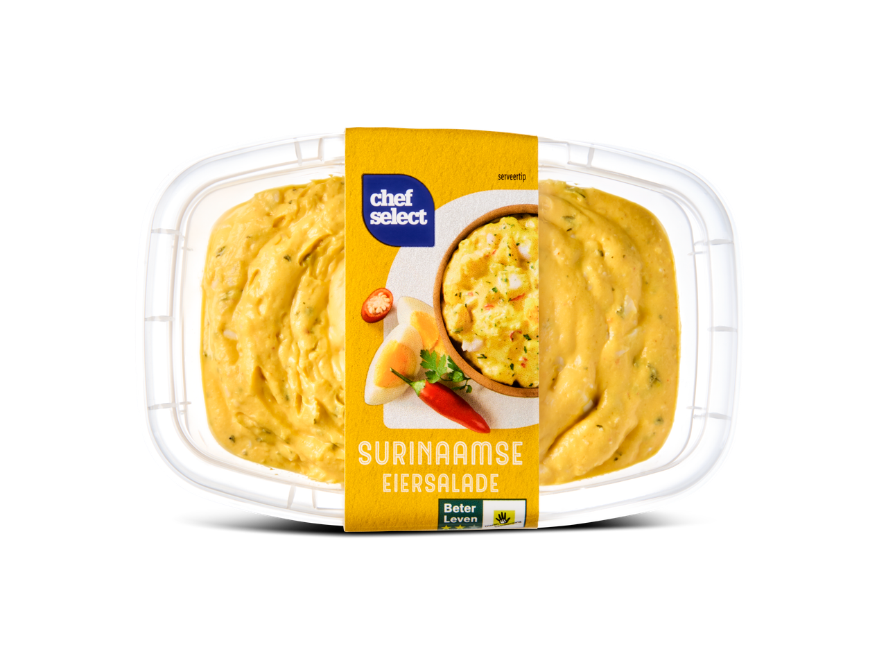 Chef Select Surinaamse Eiersalade in een transparante plastic verpakking