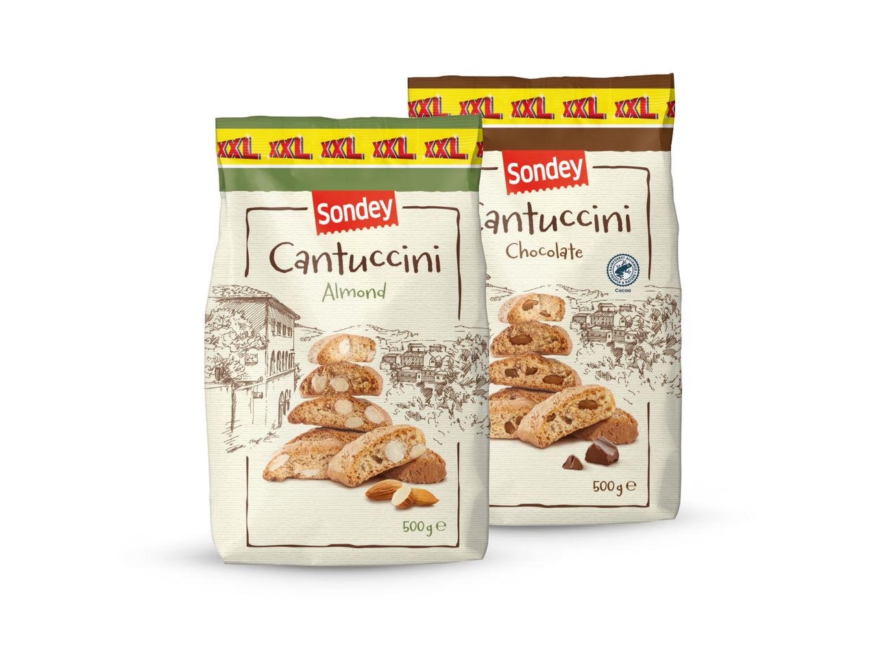 Dvije vrećice Sondey Cantuccini kolačića, jedna s bademima, a druga s čokoladom.