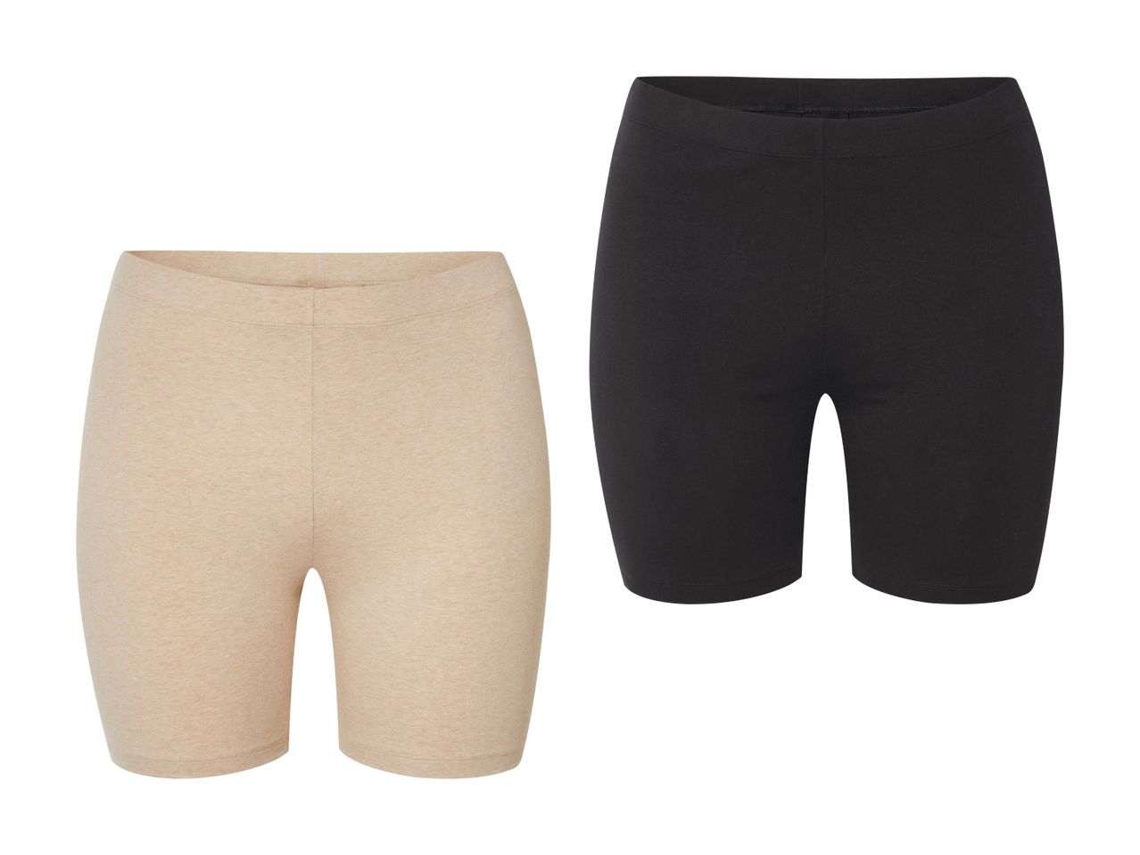 Zwei Radlerhosen, eine beige und eine schwarze.