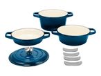 Three blue enameled cast iron pots, one lid, and four gray pot protectors.