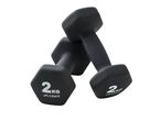 Two black 2kg Crivit dumbbells with white lettering.