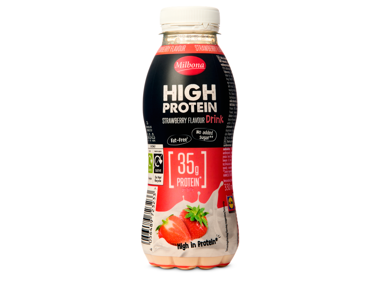 Milbona high-protein aardbeien drank, zonder toegevoegde suikers.