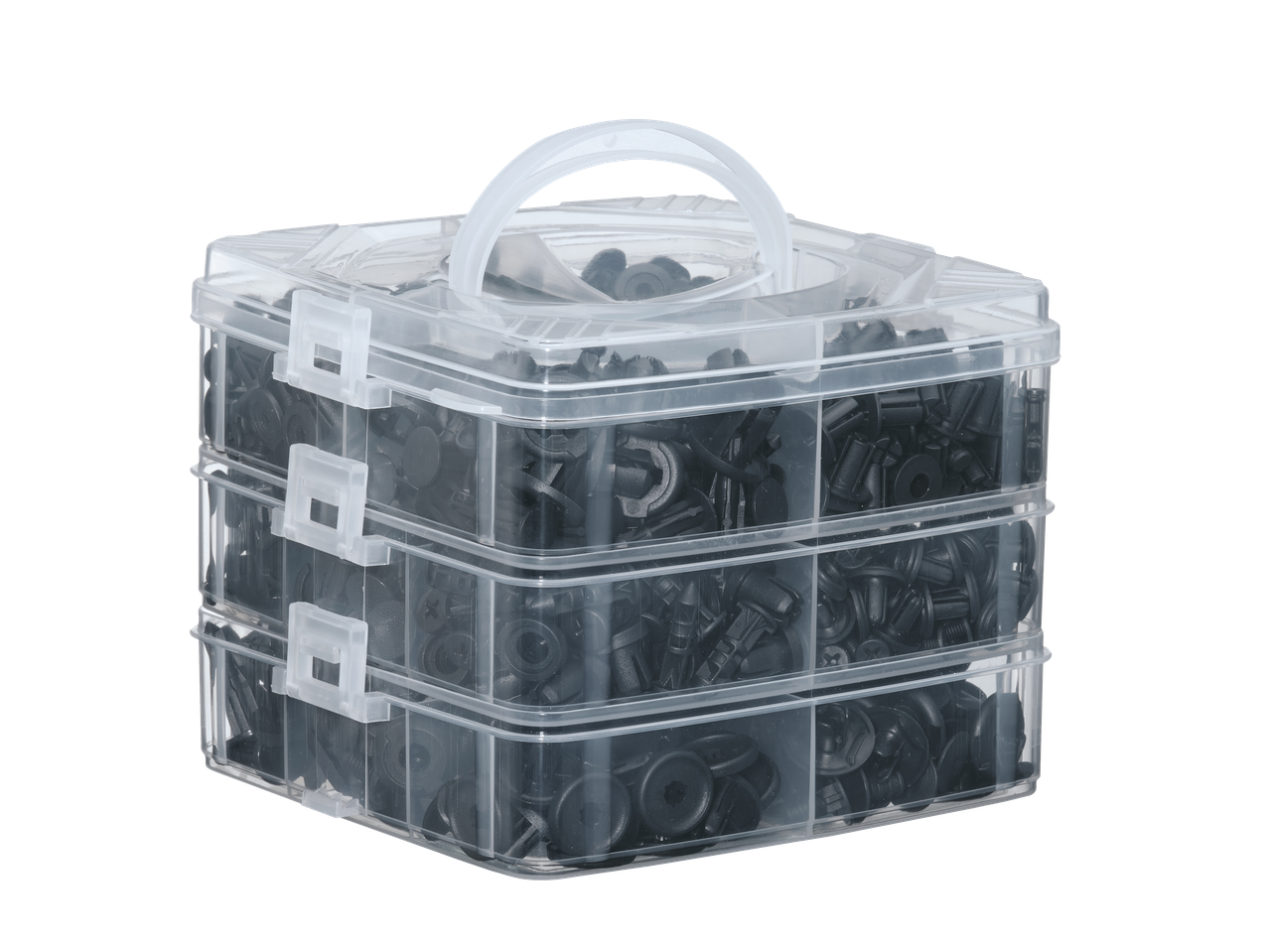 Parkside® fastening clips and cable ties in a clear, multi-tiered organizer.