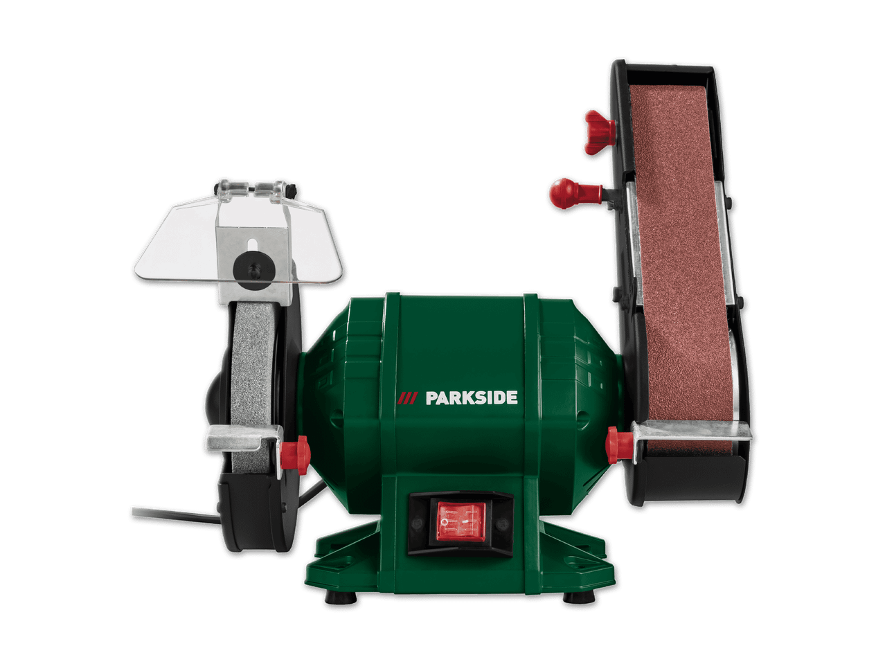 Grüne Schleifmaschine mit Schleifband und Schleifscheibe