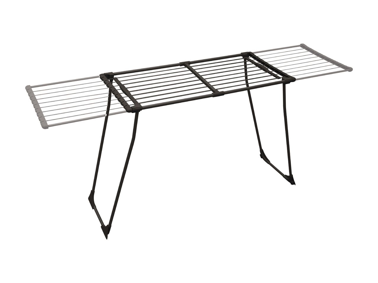 Black and grey clothes drying rack with extendable wings on a white background.