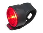 Red bicycle rear light with a black silicone strap and power button, illuminated.