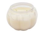 Pumpkin-shaped glass jar candle with two wicks and light-colored wax.