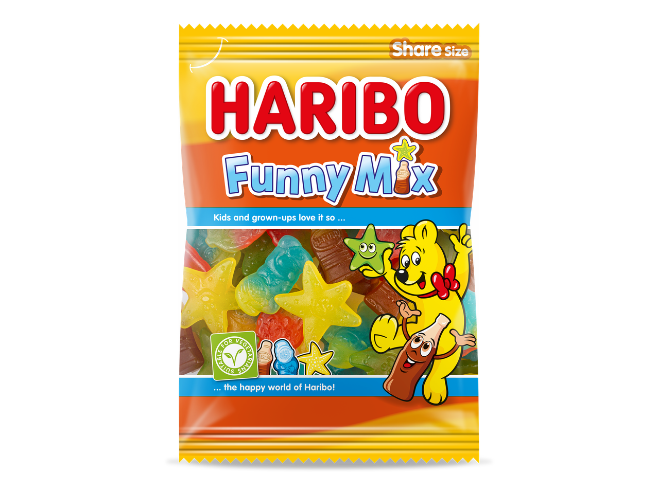 Een zak Haribo Funny Mix met diverse fruitgums en een vrolijke beer, geschikt voor vegetariërs.