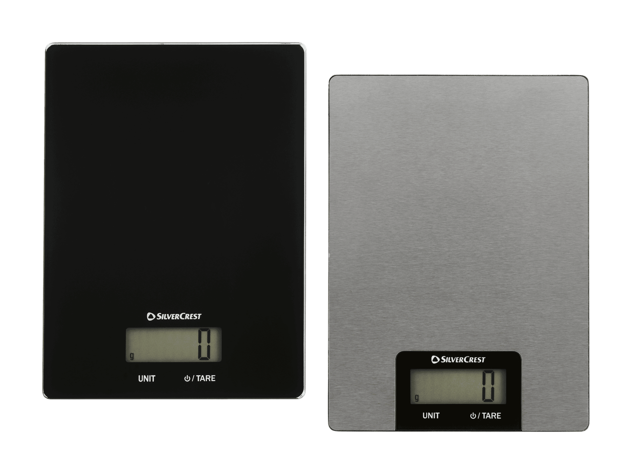To digitale køkkenvægte, en sort og en sølvfarvet, begge viser '0 g'.
