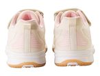 Beige children's sneakers with pink accents.
