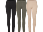 Tre par leggings i svart, olivgrön och beige.