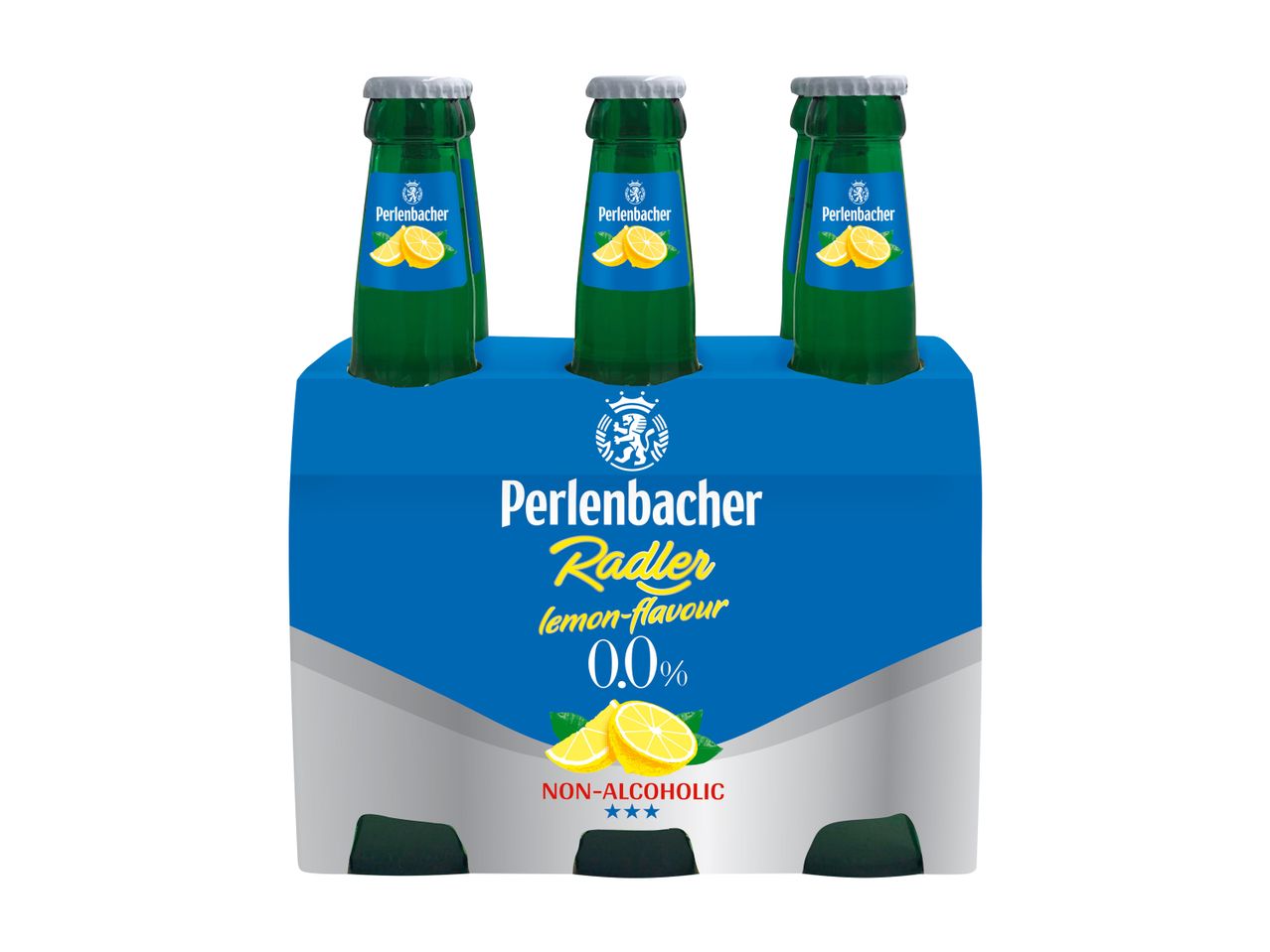 Confezione da sei bottiglie di Perlenbacher Radler al gusto limone, non alcoholic.