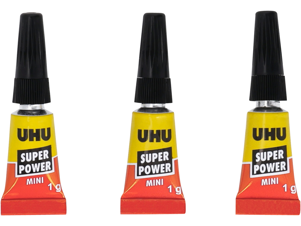 Trije mini tubi lepila UHU Super Power, 1 gram.