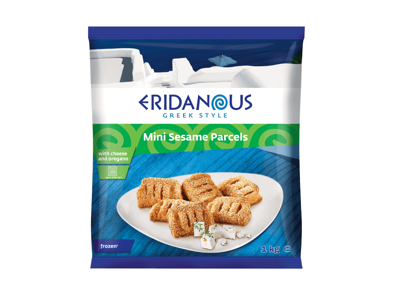 Paquet de mini-feuilletés au sésame avec fromage et origan, surgelés, style grec.