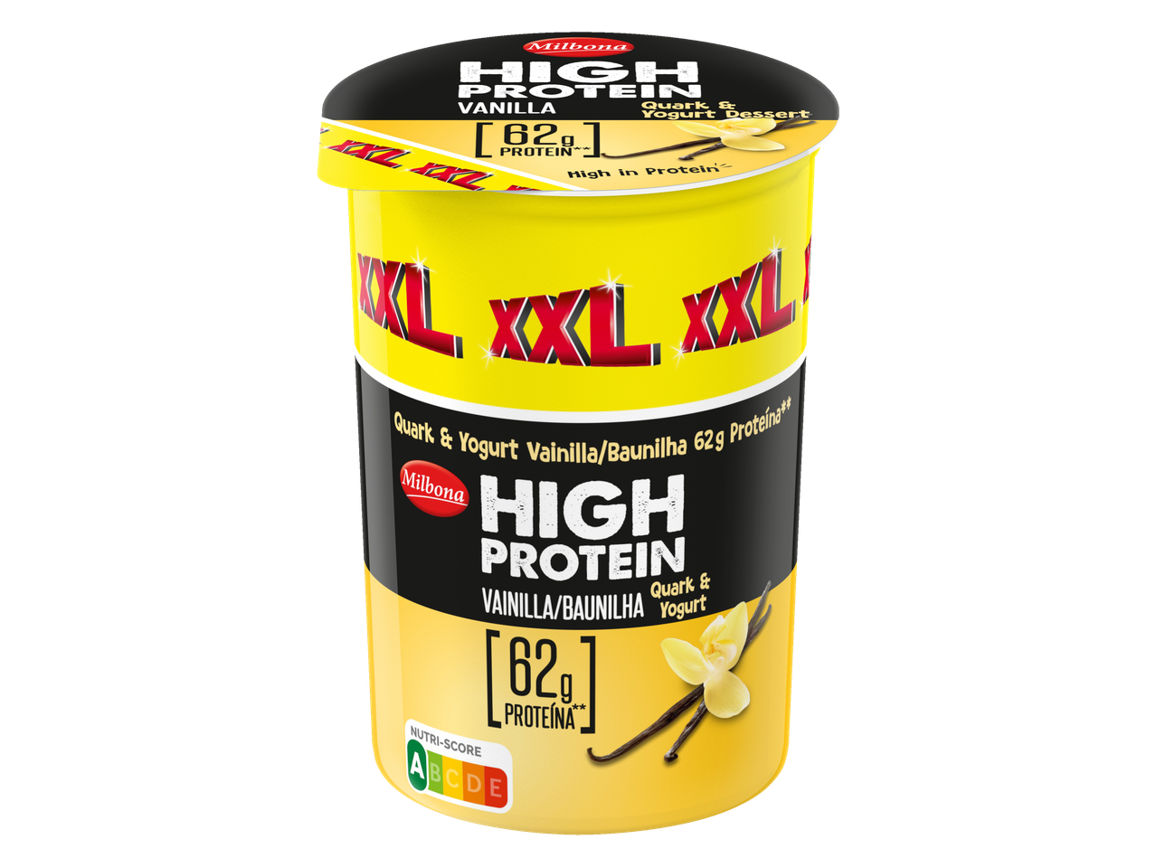 Milbona High Protein iogurte de quark e baunilha com 62g de proteína.
