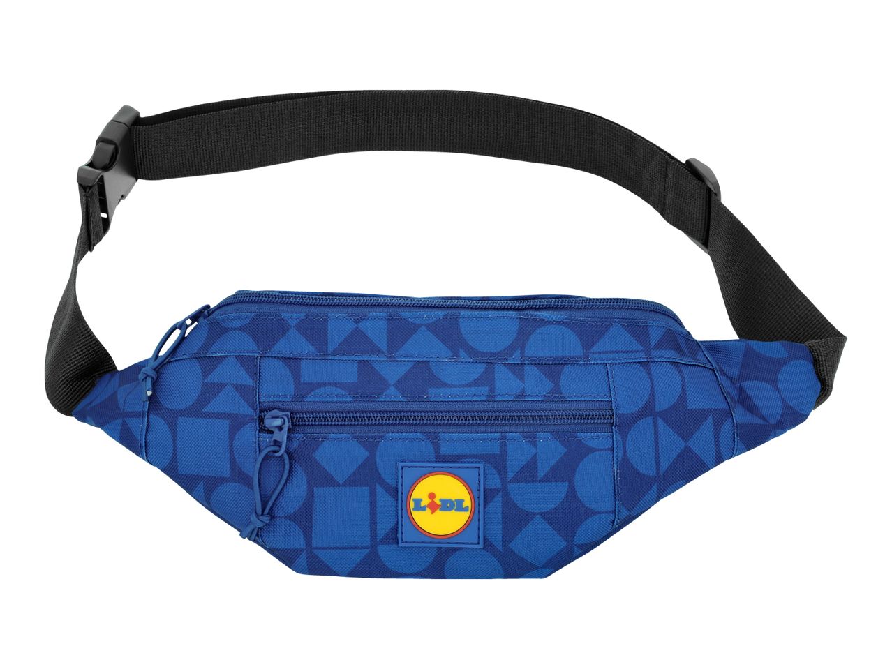 Blue fanny pack with a geometric pattern and a yellow and red logo patch.