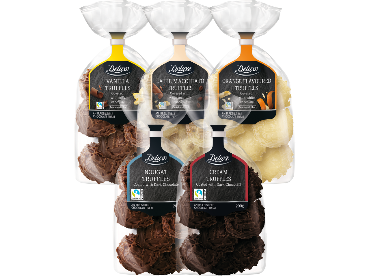 Fem förpackningar med chokladtryfflar i olika smaker, inklusive vanilj, latte macchiato och nougat.