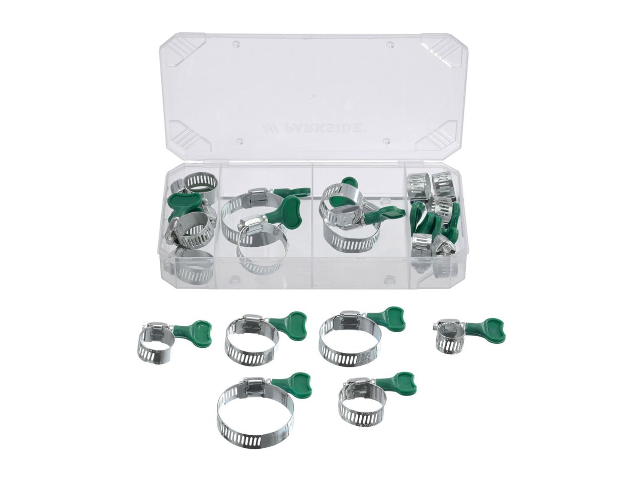 A package of assorted stainless steel hose clamps with green plastic tightening levers.