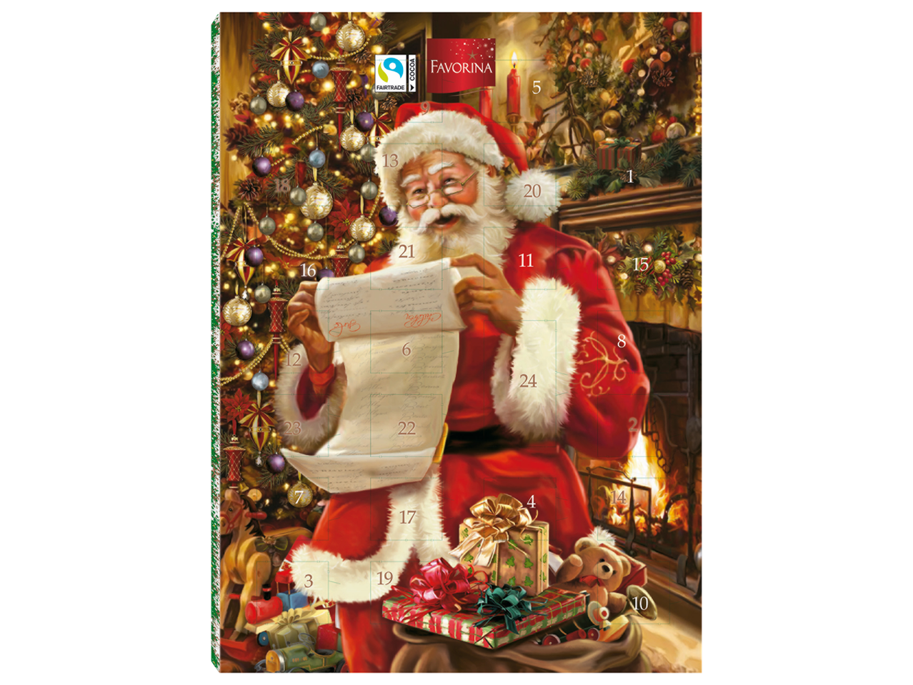 Favorina kalėdinis advento kalendorius su Kalėdų Seneliu, skaitančiu sąrašą prie eglutės ir židinio.