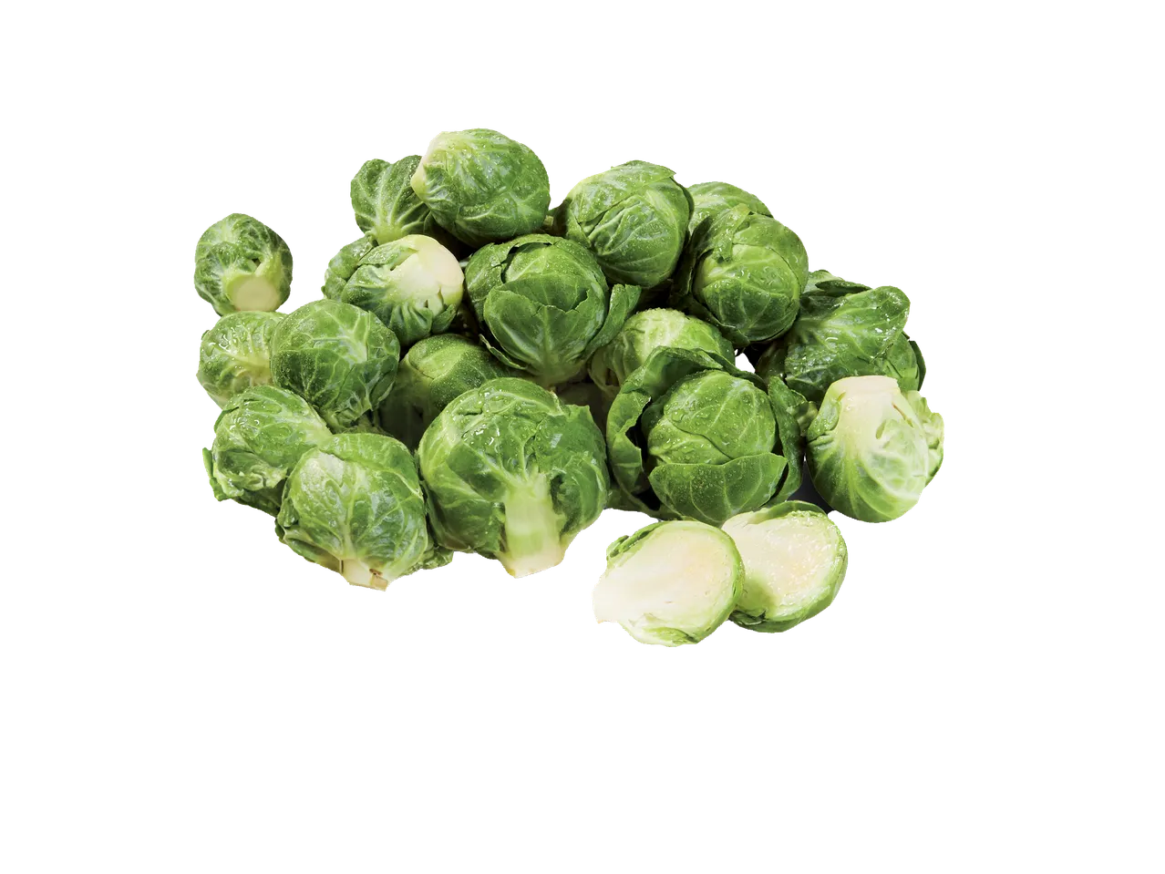 Farrell's Irish Brussels Sprouts, fresh and green, some cut in half, with water droplets.