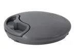 Gray round plastic food chopper with a handle on a white background.
