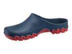 Blue and red garden clog with a textured upper and a wavy sole.
