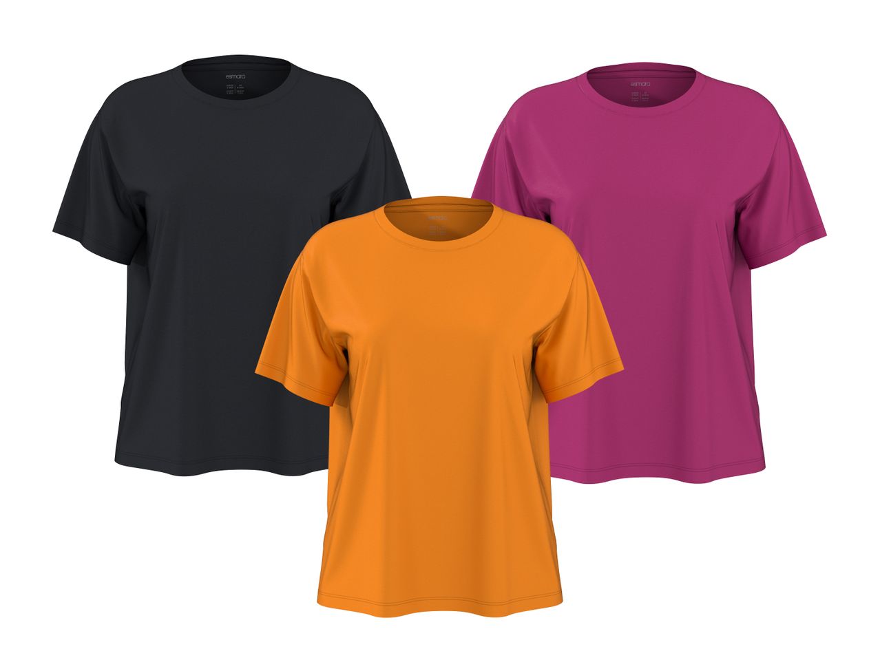 Drei einfarbige T-Shirts in Schwarz, Orange und Magenta