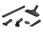Vacuum cleaner accessories including extension tube, floor nozzle, crevice tool, brush, and clips.