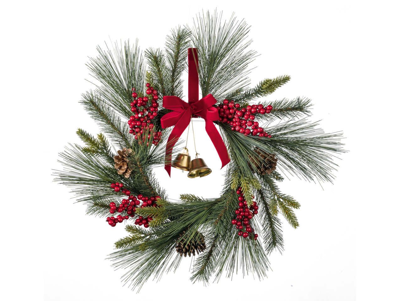LIVARNO home Christmas Wreath with red berries, pinecones, and golden bells