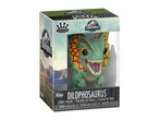 A dinosaur toy in a box, featuring a green Dilophosaurus with a red and yellow frill.