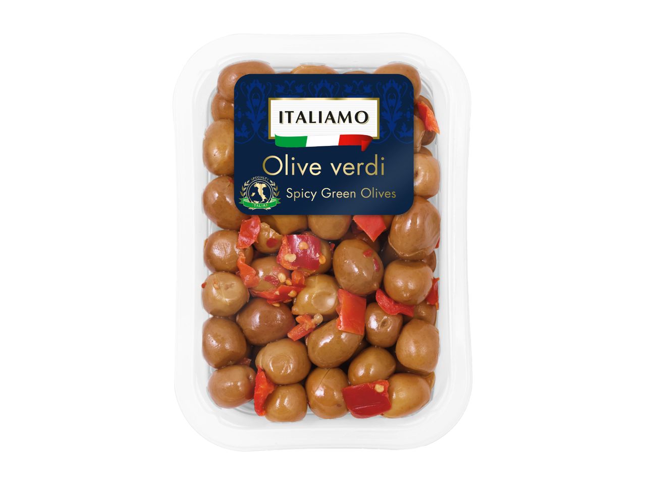 A clear plastic container of spicy green olives with red pepper pieces.