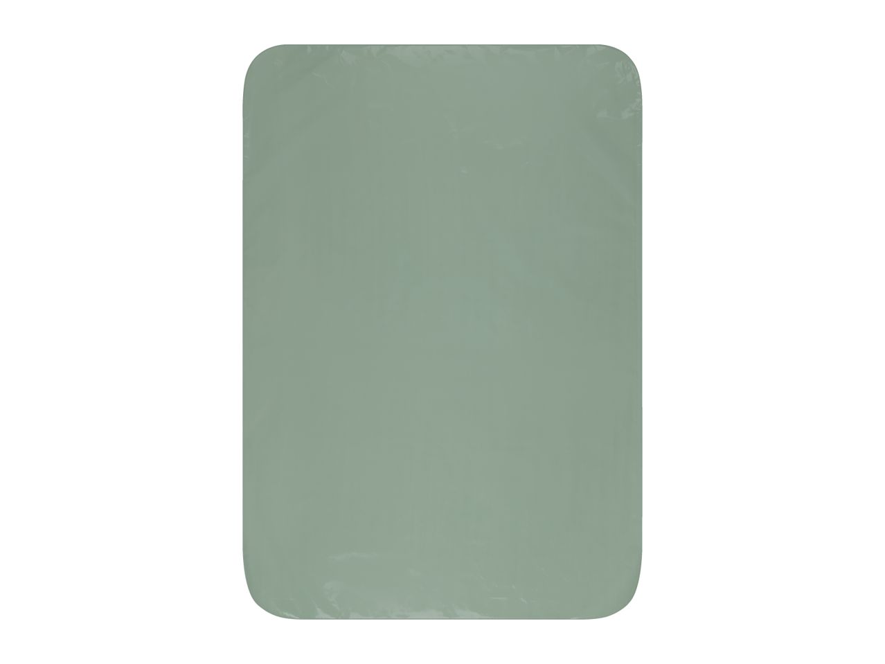 A rectangular, light green, plastic-wrapped item with rounded corners.