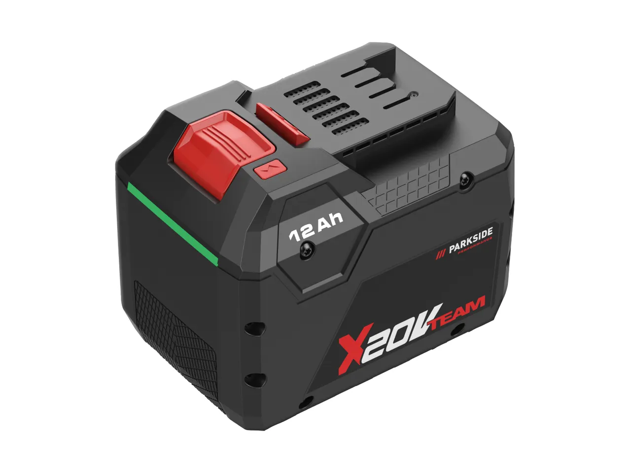Black and red power tool battery with 12 Ah capacity and green accent stripe.