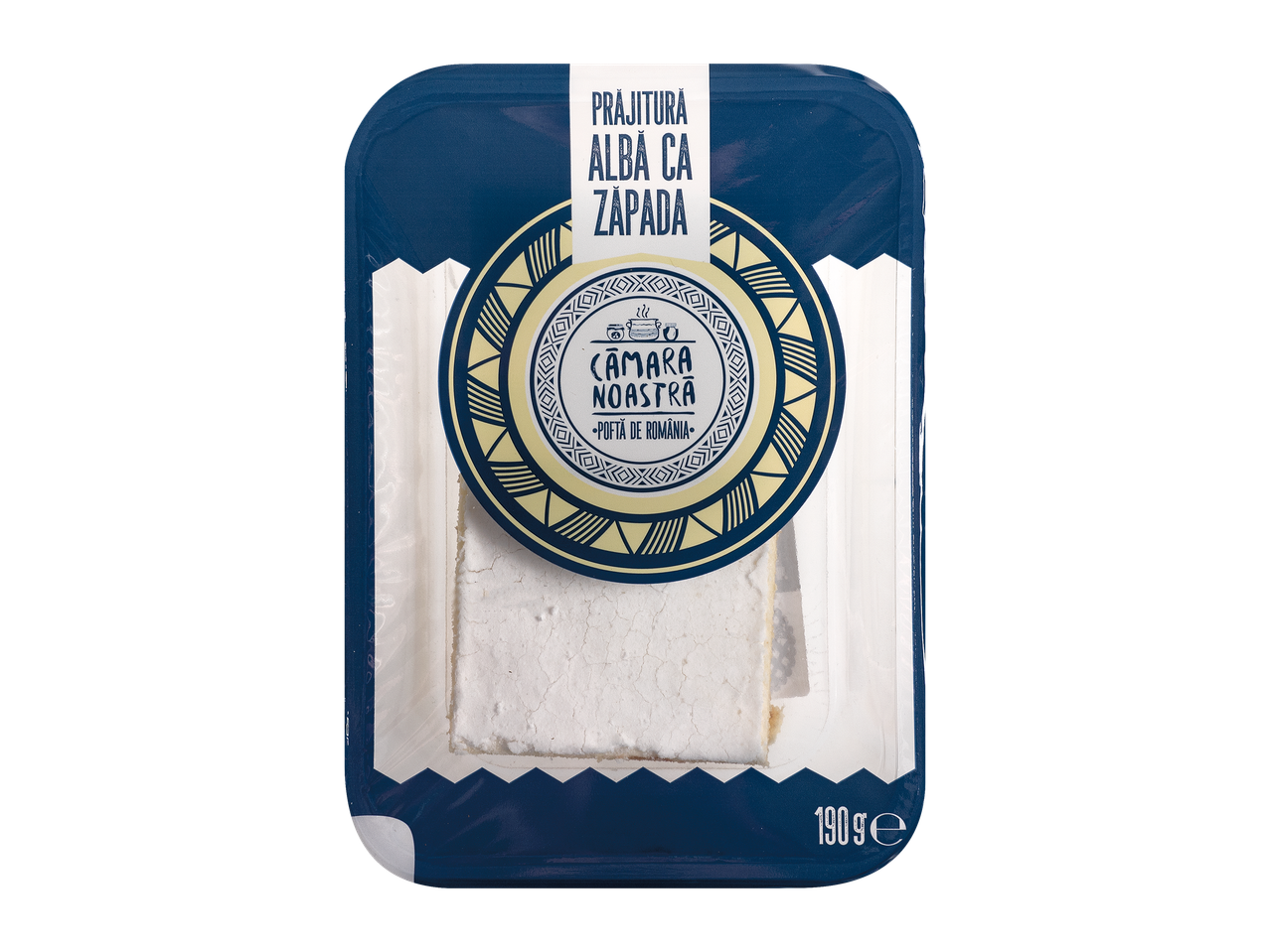 Prăjitură Alba ca Zăpada de la Cămara Noastră, 190g, ambalată în folie transparentă.