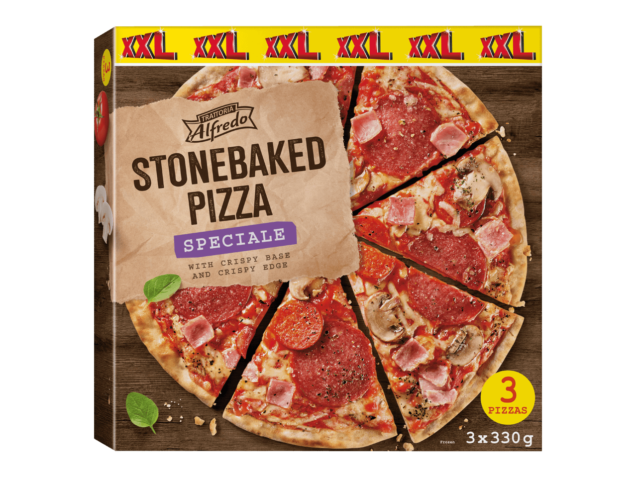 Pakastepizza, Dr. Oetker Stonebaked, pepperoni ja kinkku.
