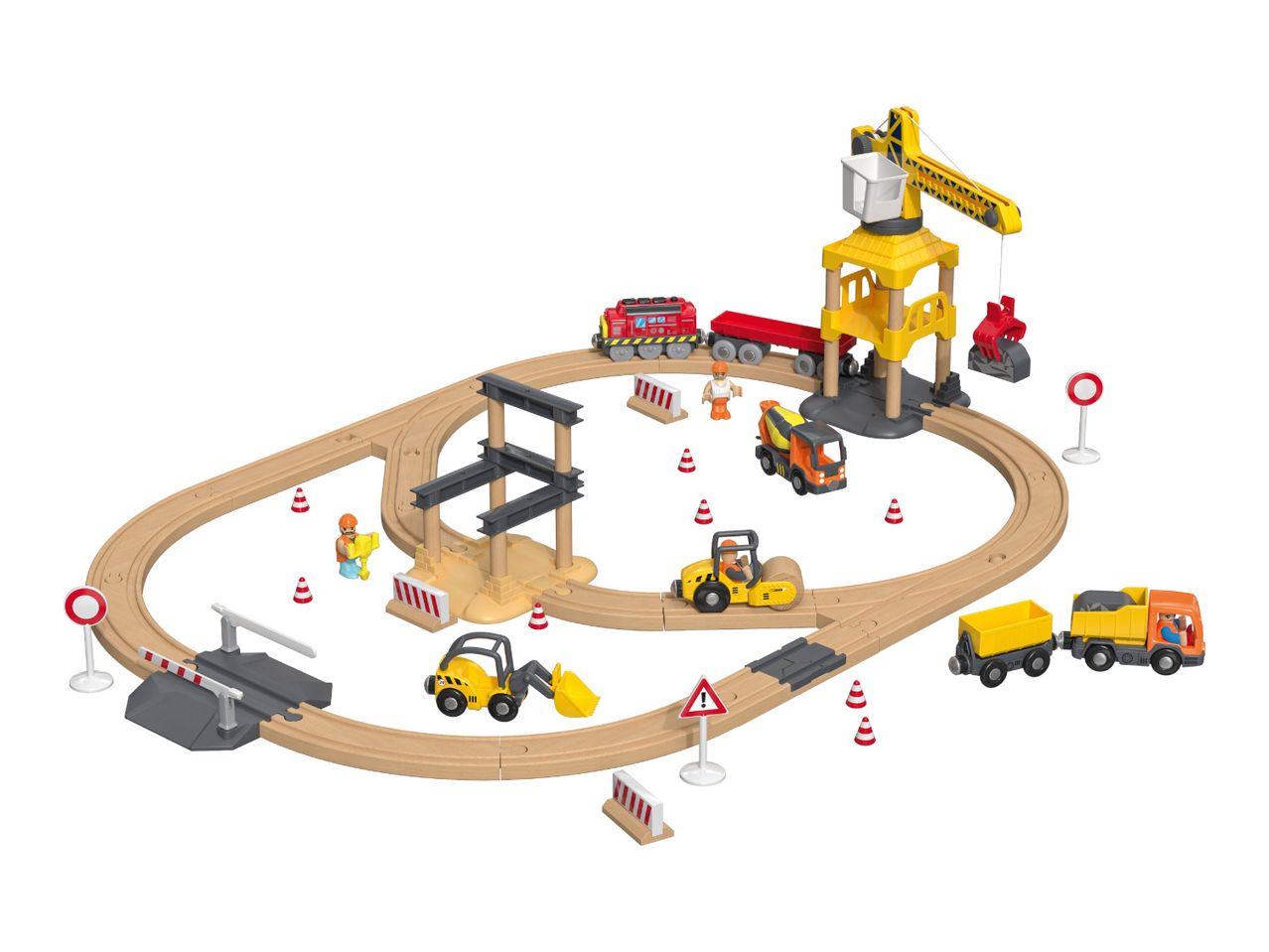 A wooden train set with construction vehicles, workers, and a crane.