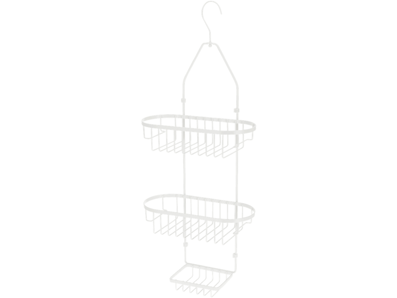 Estante de duche LIVARNO com 3 cestos de arame brancos para pendurar.