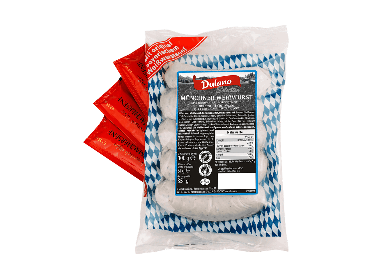 Verpackung mit Münchner Weißwürsten und süßem Senf, gluten- und laktosefrei.