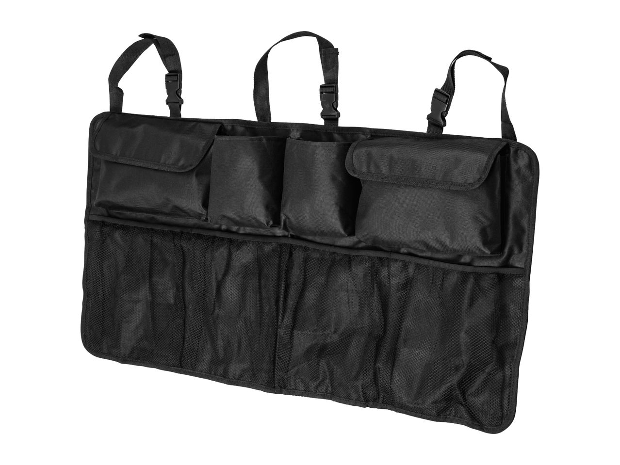 Black car boot organiser with multiple pockets and adjustable straps
