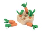 Wooden carrot harvesting toy with five orange carrots and green felt leaves.